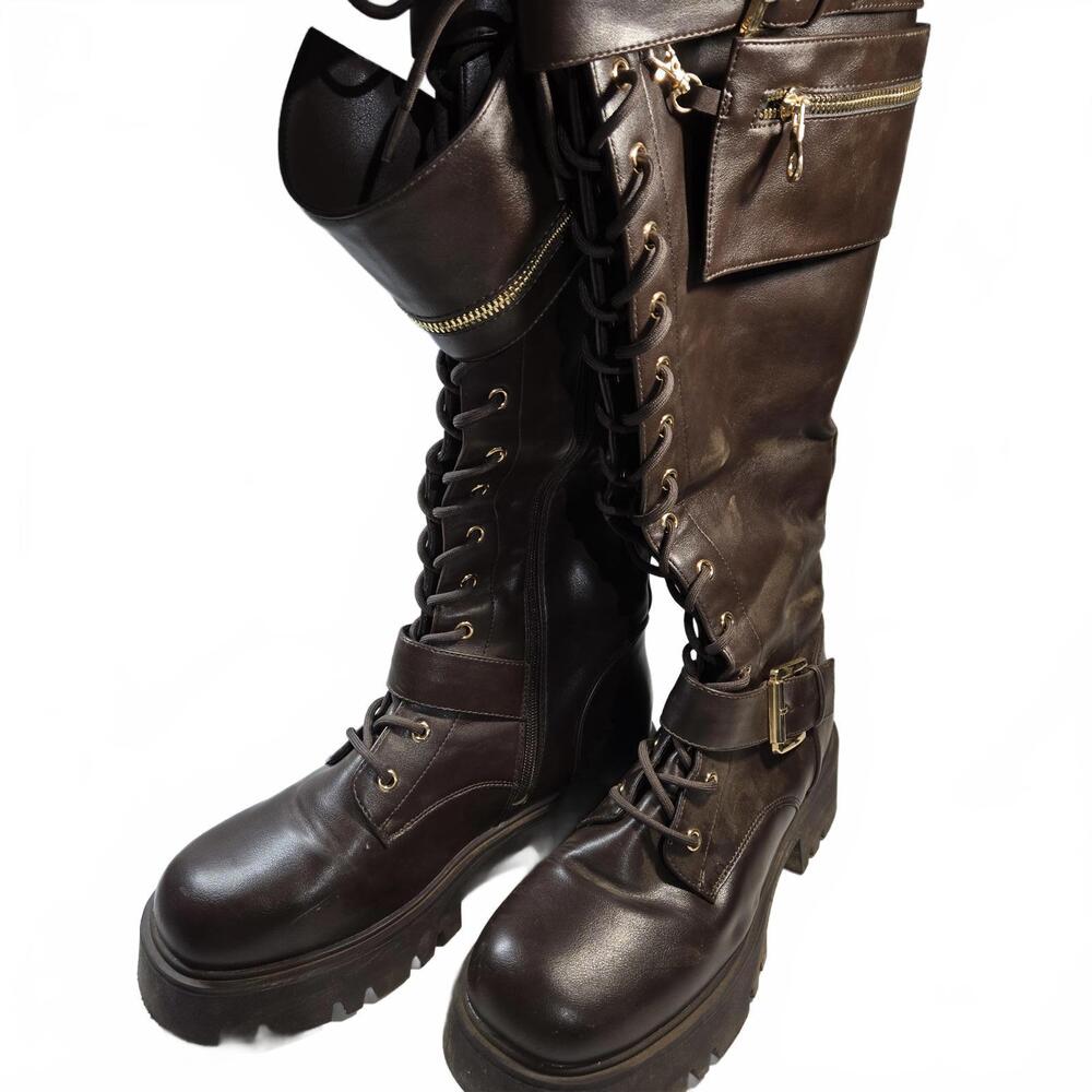 Dream Pairs Black Lace-Up Combat Moto Boots with Side Pocket - Picture 10 of 16